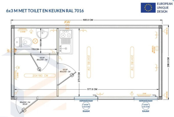 Conteneur Isolé de 6 x 3 mètres avec Toilettes et Cuisine RAL 7016