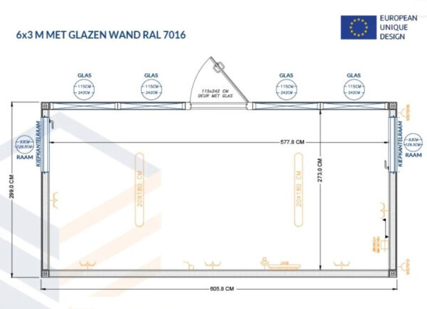 Conteneur 6x3 mètres avec Paroi Vitrée - RAL 7016